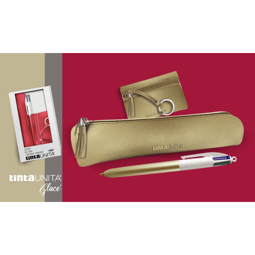 GIFT PACK CON ASTUCCIO TOMBOLINO, BIC 4 COLORI E PORTAMONETE TINTA UNITA  (ORO)